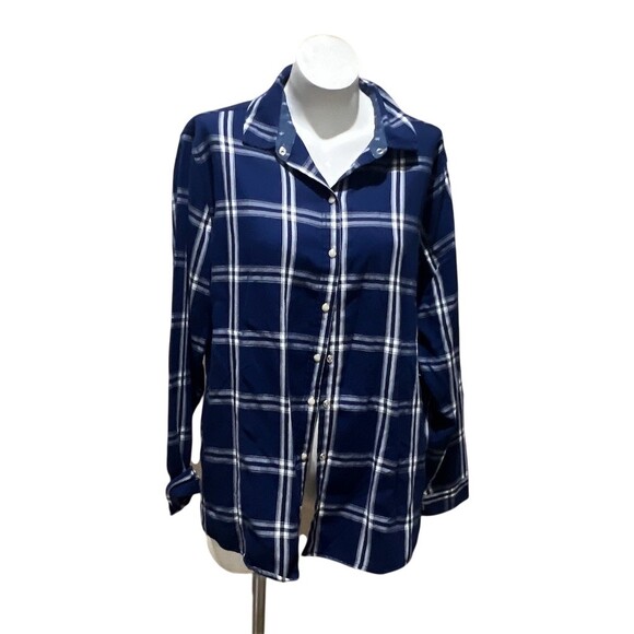 Jachs Girlfriend Womens Button-Up Shirt Size XL Navy Blue White Plaid - Picture 2 of 10